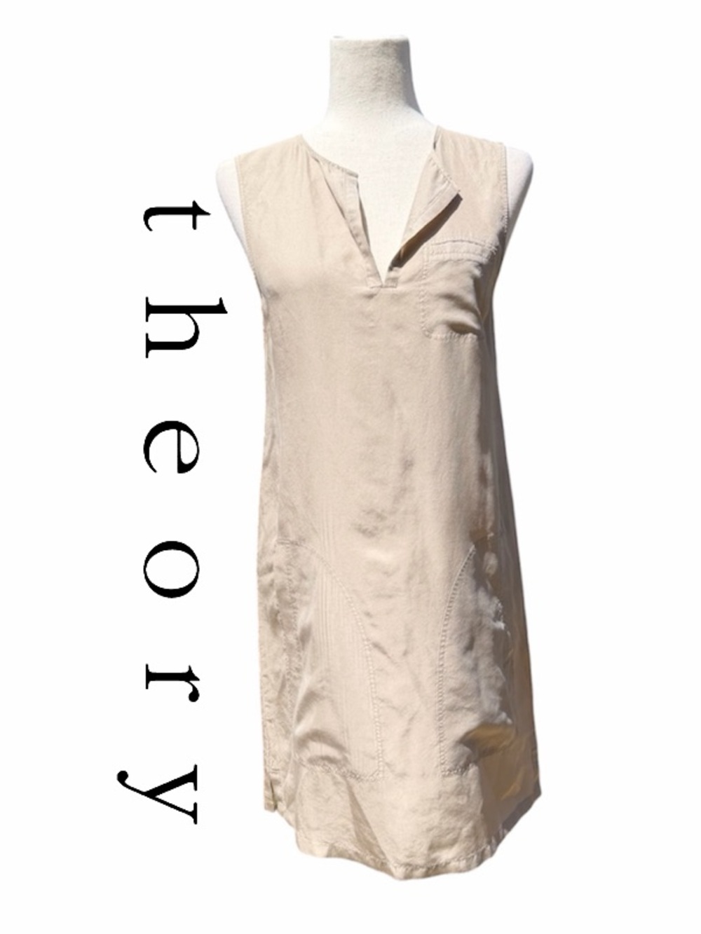Theory 100% Silk Sleeveless V-Neck Mini Dress in Beige w pockets 4
